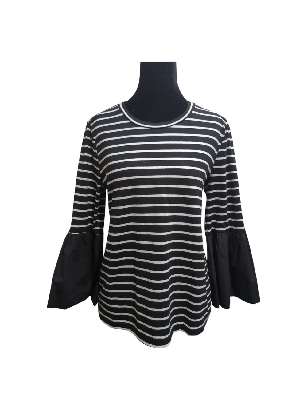 Anthropologie Small Striped Bell Sleeve Top Black White Cotton Stretch Blouse